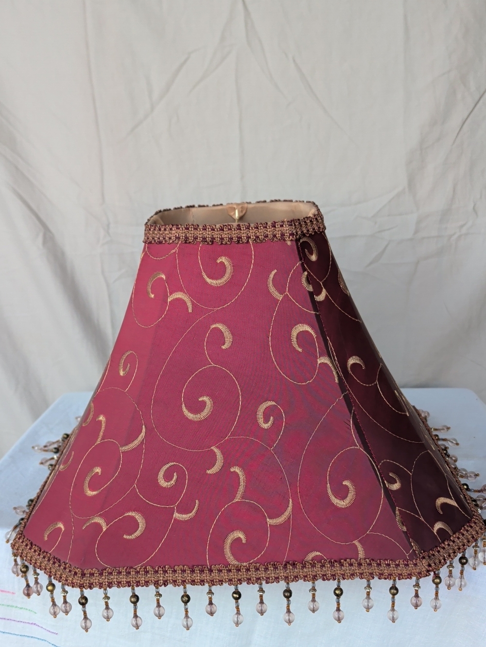 Burgundy Swirl Satin Fabric Lantern Shade with Beaded Trim Silk Lined Victorian